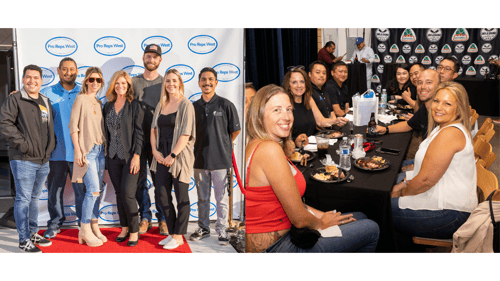 Two groups of Pro Reps West's commercial foodservice employees. There are five people on the left standing in front of a banner covered in Pro Reps West logos. On the right are ten employees sitting at long table draped in a black cloth. Each person has a plate of food. All ten people are smiling and eating together.